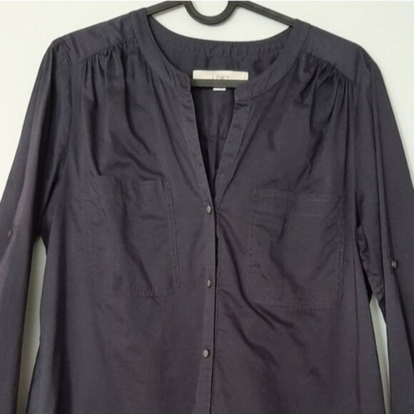 LOFT Ann Taylor 100% Cotton Utility Sleeve Button Down Shirt Top Navy Blue Sz S - Picture 2 of 9